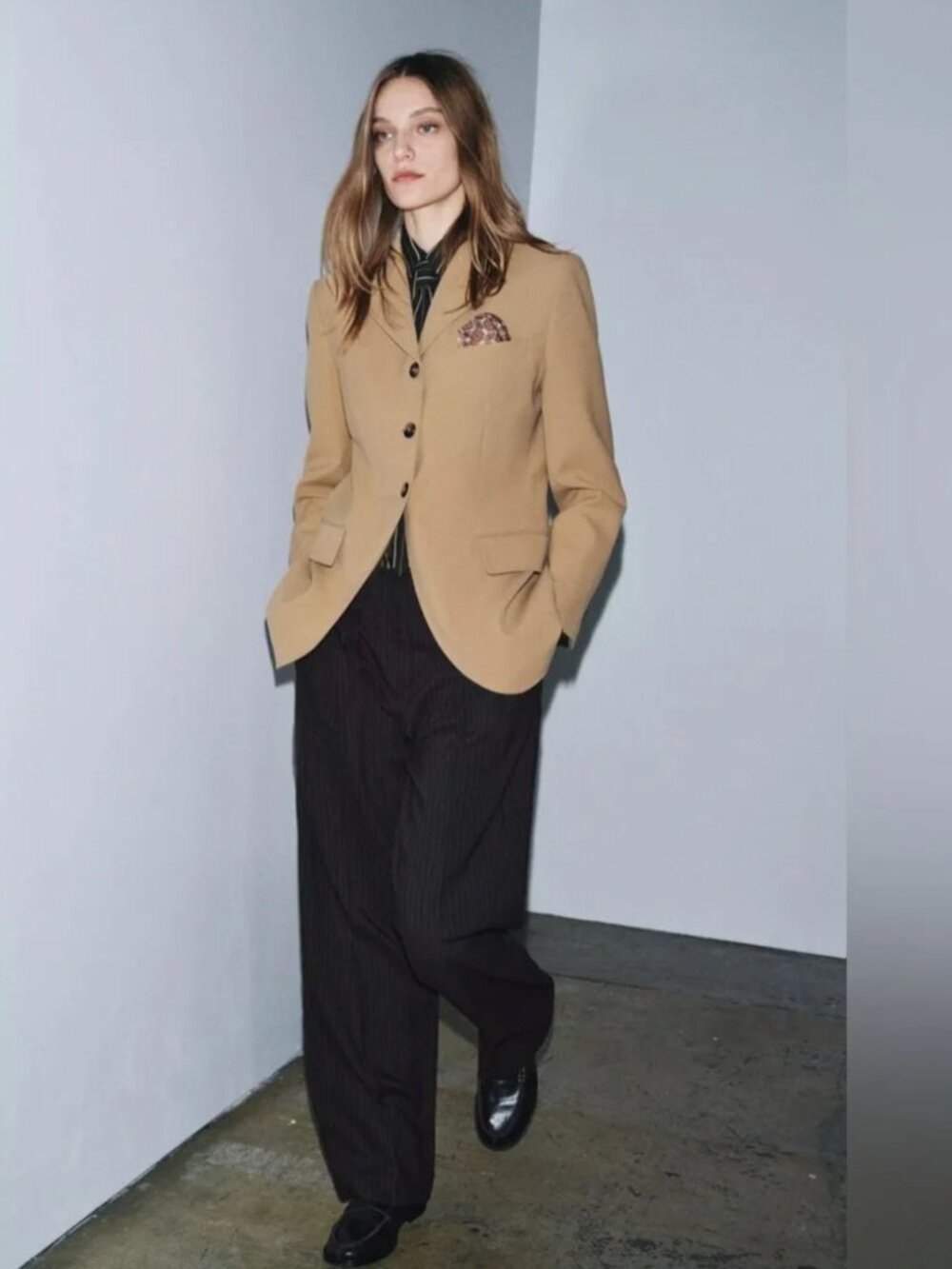 Zara ZW Collection Women Camel Fitted Blazer with Contrasting Scarf Size M NWOT